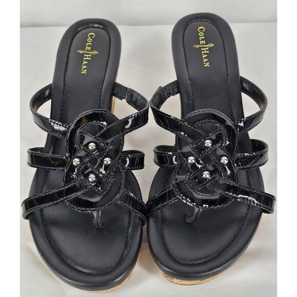 COLE HAAN WOMEN'S BLACK LEATHER THONG STRAPPY PLATFORM SANDALS SIZE 7B - Picture 3 of 11
